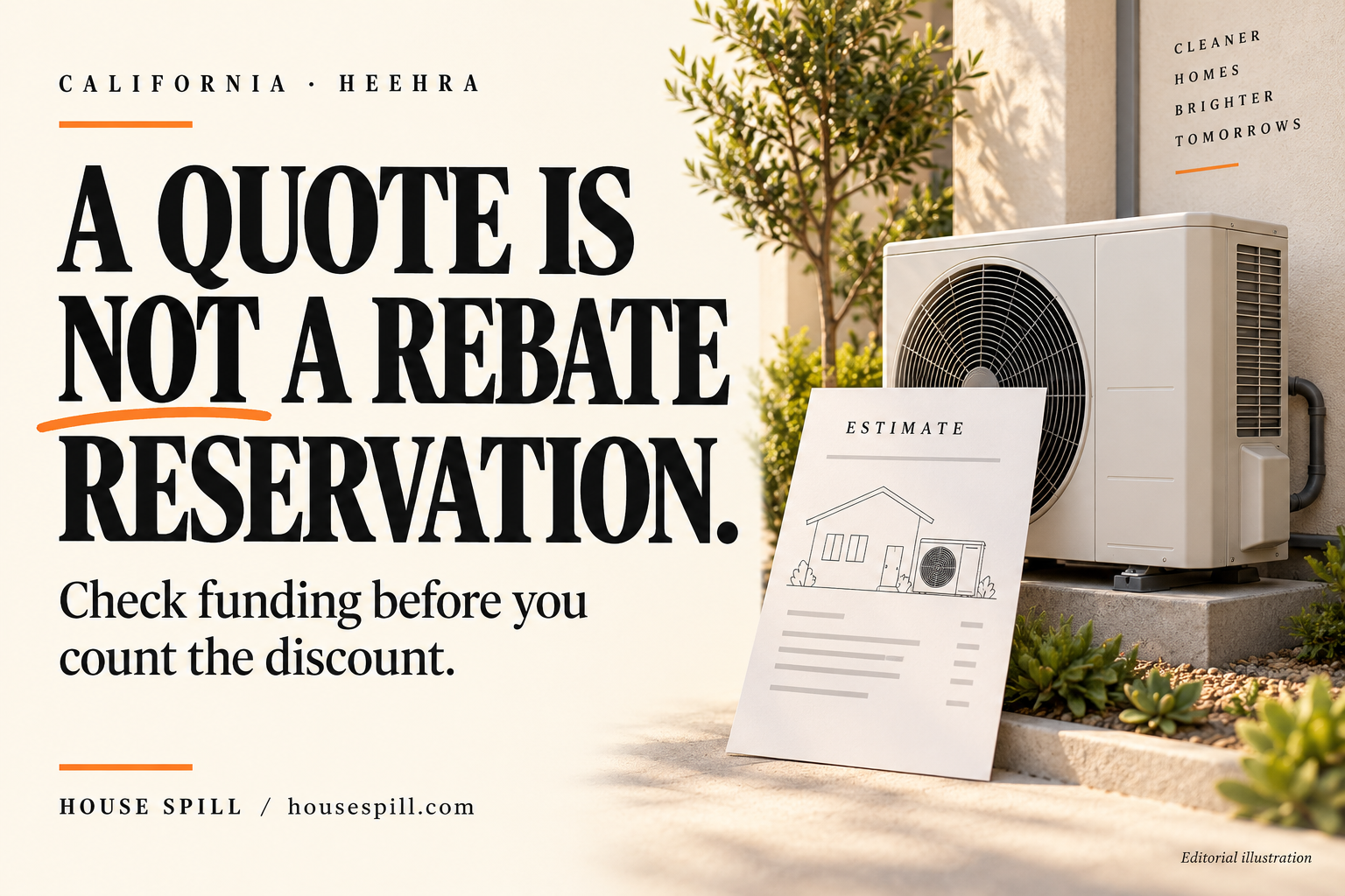 House Spill editorial illustration of a heat pump and estimate: A quote is not a rebate reservation. California HEEHRA. Check funding before you count the discount.