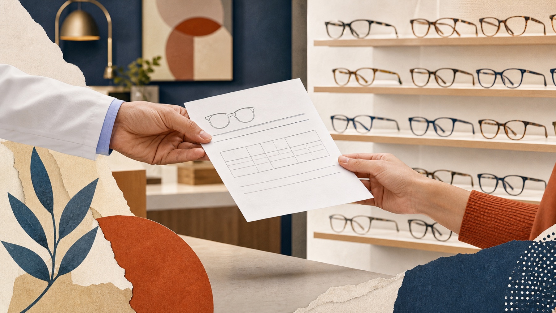 A clinician hands an eyeglass prescription to a patient in an optical shop.