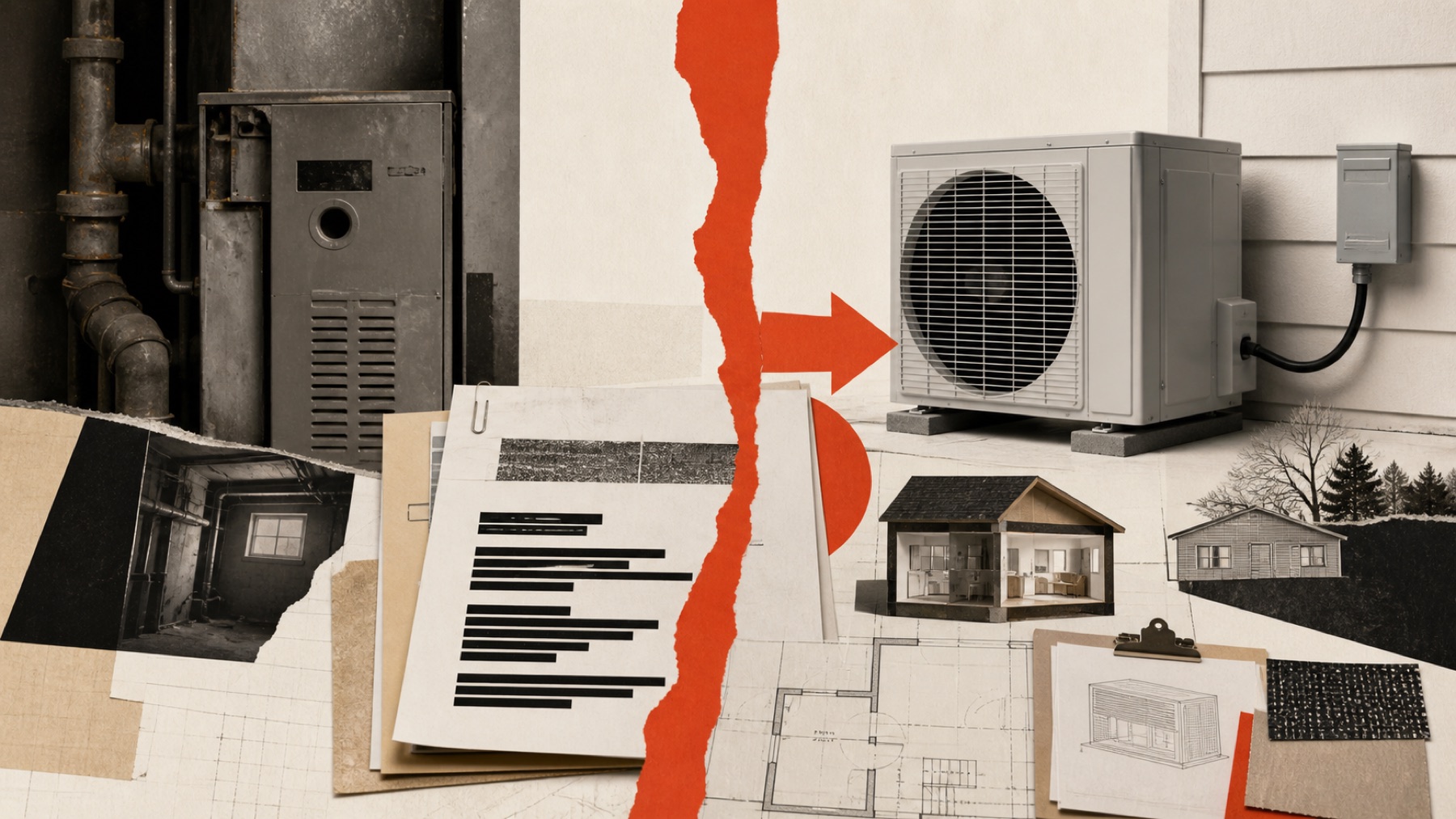 Editorial collage contrasting an older gas furnace with a modern electric heat pump and changing paperwork.
