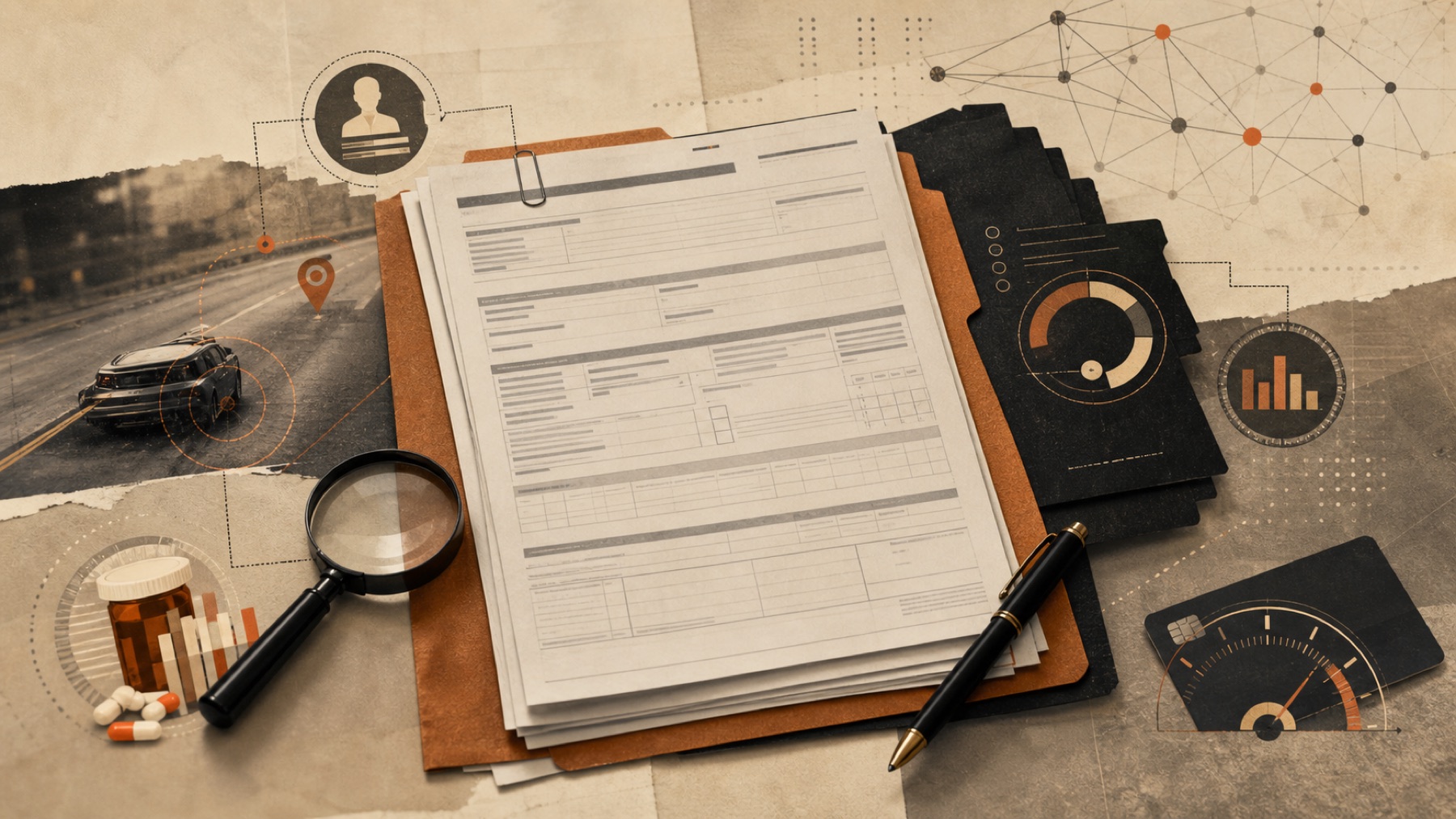 Editorial collage of a life insurance application surrounded by driving, prescription and algorithmic data signals.