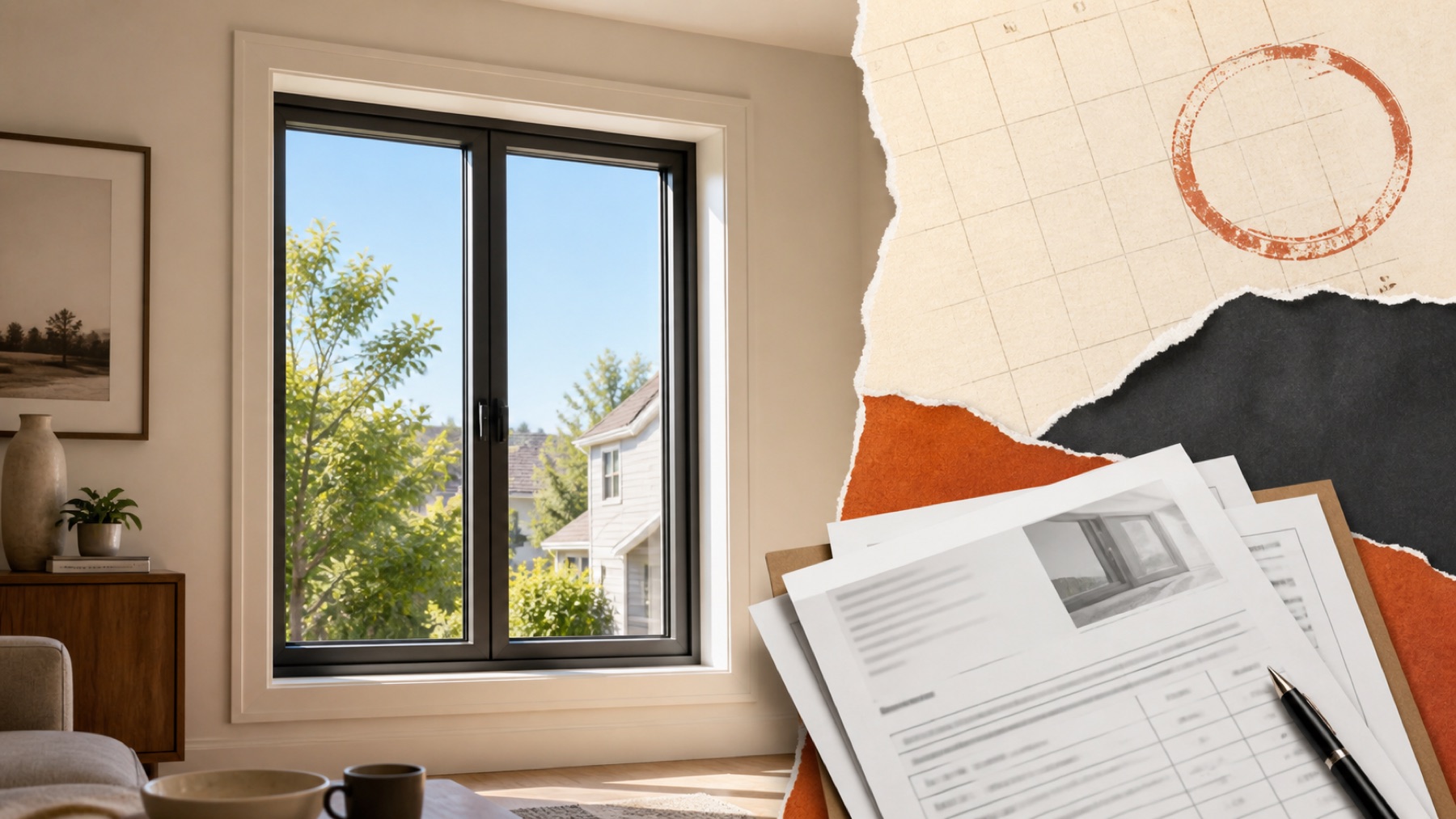 A replacement window beside an estimate and a torn expired-calendar motif.